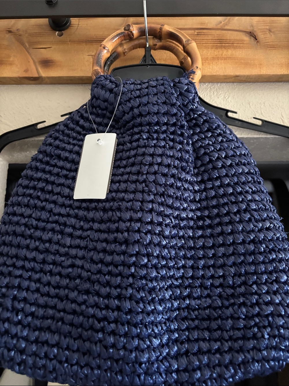 Walborg Vintage Navy Woven Handbag with Bamboo Handles